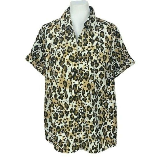 Essentials 0X Leopard Print Button Down Blouse - Picture 1 of 8
